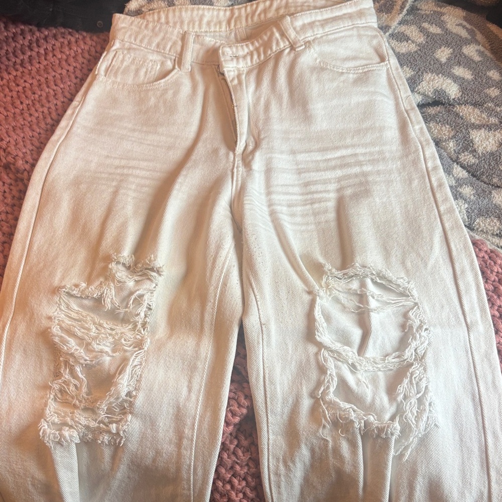 SHEIN White High Rise Distressed Jeans